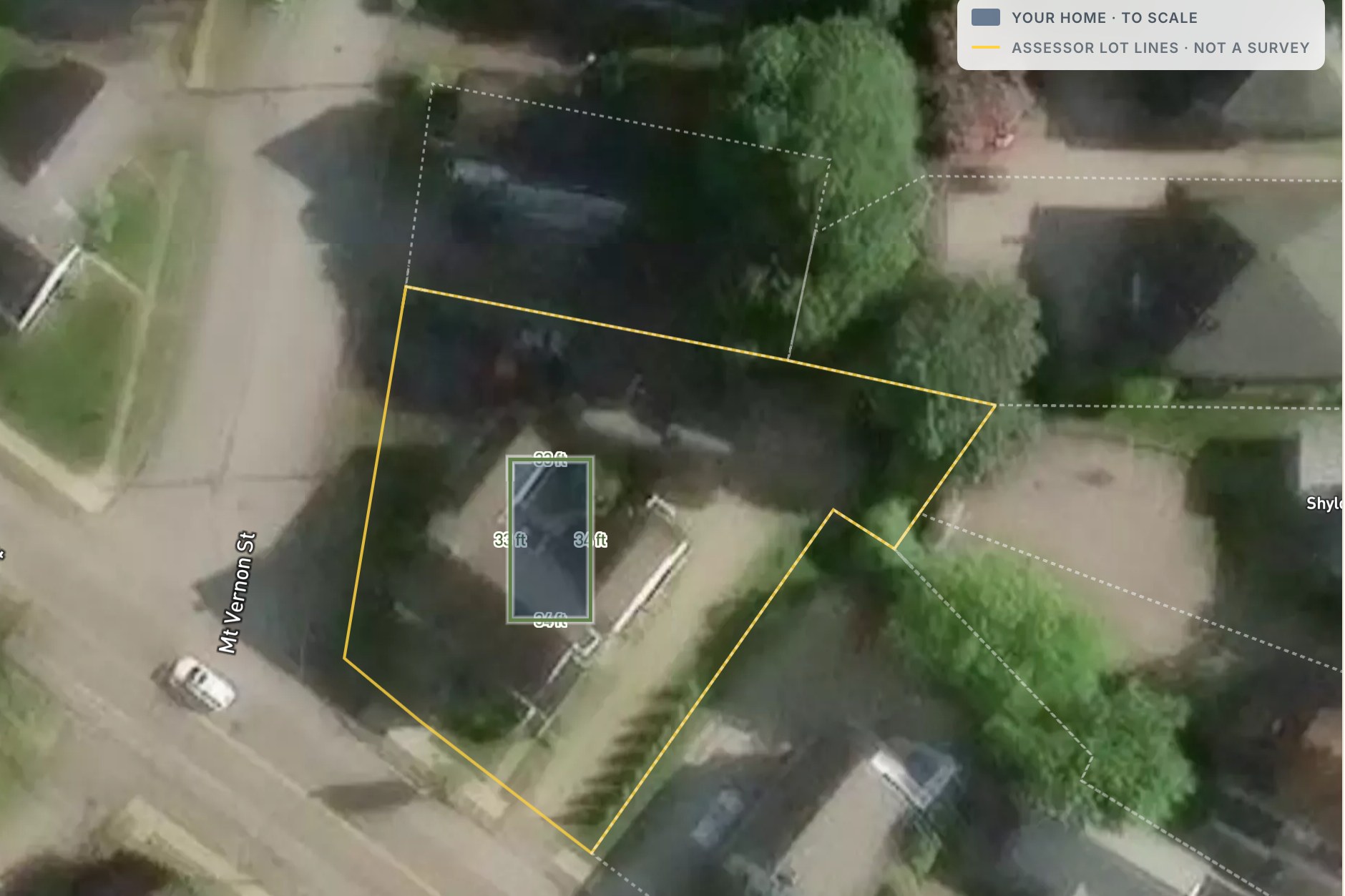 The NH ADU Experts lot visualizer — an ADU placed to scale on a real Dover, NH lot with property lines and live setback distances